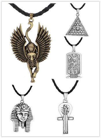 Viking Magic~Ancient Egypt Religious Jewelry Egyptian Pyramid Illuminati Cross Egypt Cat Charm Egyptian Pharaoh Head Pendant Necklaces