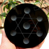 Asian Rare Natural Obsidian 7 Stars Array Plate Base Seven Chakra Reiki Healing Crystal Ball Stand Decorate 3.9"