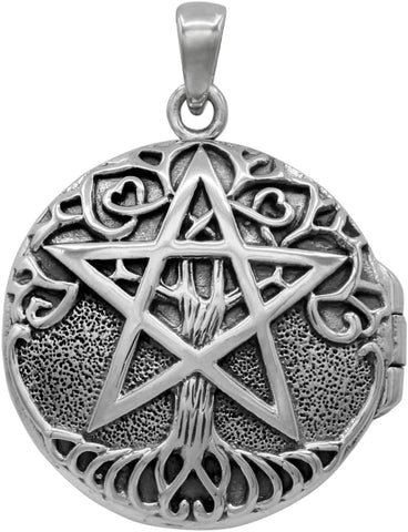 Sterling Silver Aromatherapy Tree Pentacle Pentagram Locket; 1 Inch Diameter
