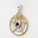 Sterling Silver 14k Gold Plated Crescent Moon Pendant Pentacle with Natural Amethyst