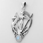 Sterling Silver Celtic Knot Morrigan Irish Goddess Pendant with Natural Rainbow Moonstone