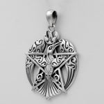 Sterling Silver Large Crescent Raven Pentacle Pentagram Pendant; 1.25 Inch Diameter