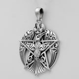 Sterling Silver Large Crescent Raven Pentacle Pentagram Pendant; 1.25 Inch Diameter
