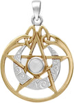 Sterling Silver 14 Carat Gold Plated Crescent Moon Pendant Pentacle with Natural White Moonstone