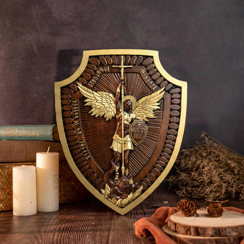 Archangel Michael Shield, Handmade Christian Sculpture, Wooden Icon, Wall Hanging Vintage Wall Art, 14 Inch, Free Shipping
