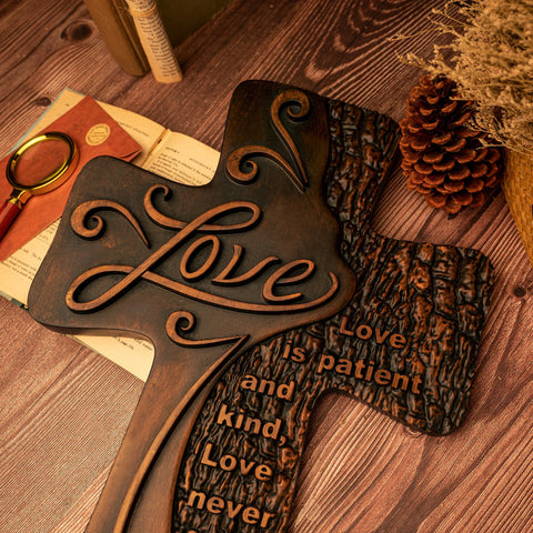 Carved Wooden Christian Cross Art, Love Decoration, spiritual Wall Sign, Simple Religious Desktop, Inspirational Minimalism