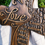Carved wooden christian cross art love decoration, spiritual wall sign, simple religious desktop sign, inspirational minimalism