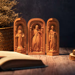 Catholic holy relics three open box handicraft ornaments wood carving prayer altar Virgin Mary Jesus Christ saint statue