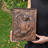 Christian Archangel Chamuel wood carving, mural art, religious figure, wooden icon, living room decoration, gift for women