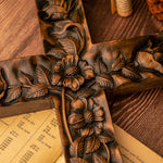 Wooden carved rose cross decorative art, wooden cross hanging on wall, religious wall decoration, inspirational minimalism