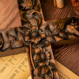Wooden carved rose cross decorative art, wooden cross hanging on wall, religious wall decoration, inspirational minimalism