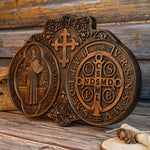 saint benedict medal , exorcism plaque, Catholic saint image, religious baptism, wood carving wall decoration gift