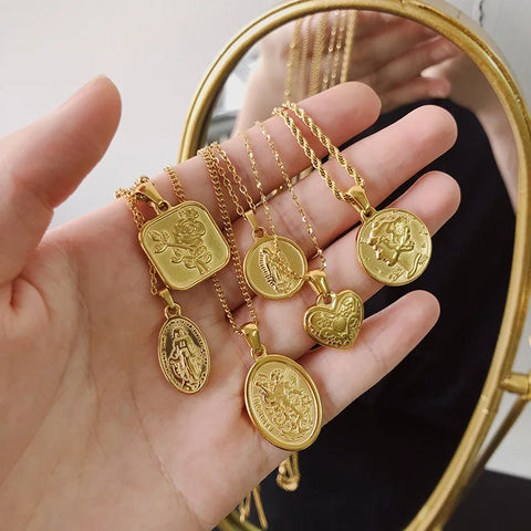 18K Gold Portrait Coin Cross Peach Heart Angel Charms Vintage Pendant b