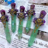 16 22cm Natural Crystal Fluorite Quartz Healing Raw Stone Handmade Magic Stick scepter Witch Craft Staff Cosplay Fairy Props| |