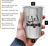 Golf Tumblers - Stainless Steel (Set of 4) - 16Oz Capacity - Unique Gift for Dads, Men, and Prize for Golfers. Designs Include Golf Cart, Glove/Tee, Driver, and Golfing Bag.