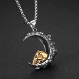 Gothic Retro Moon Crescent Skull Stainless Steel Pendant Necklace 22+2 Inch Chain