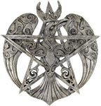 Magicun Altar~Large Crescent Raven Pentacle Wall Plaque Silver Finish