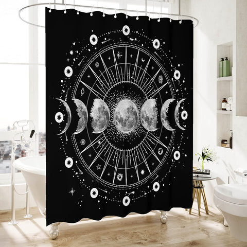 Shower Curtain - Print Polyester Fabric Waterproof Shower Curtain by iLiveX, Machine Washable, Hooks Included, Bathroom Decoration, 72"x72", Black White Sun Moon Stars Mysterious Wizard Tarot