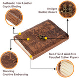 Witchcraft~Vintage Owl Embossed Blank Book Sketchbook Notebook Leather Journal/Instagram Photo Album (Handmade Paper) - Coptic Bound with Lock Closure by Aislinn Leather (Owl Emboss - Tan Color)
