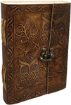 Witchcraft~Vintage Owl Embossed Blank Book Sketchbook Notebook Leather Journal/Instagram Photo Album (Handmade Paper) - Coptic Bound with Lock Closure by Aislinn Leather (Owl Emboss - Tan Color)