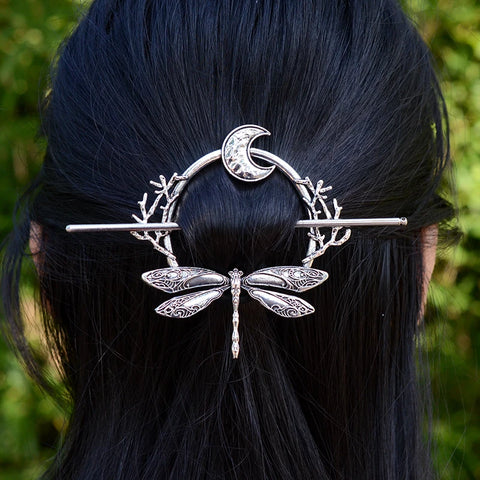 Witch Goddess Crescent Moon Dragonfly Hairstick Fairy Moon Dragonfly Insect Hair Barrette Hairclip Wicca