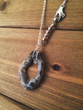 Agate Slice Necklace - natural crystal druzy geode, hand charm, wire wrapped, silver bead chain, earthy mystical witchy magic