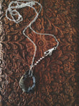 Agate Slice Necklace - natural crystal druzy geode, hand charm, wire wrapped, silver bead chain, earthy mystical witchy magic