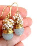 Aquamarine earrings with big faceted aquamarine and silver pearls earrings