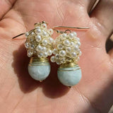 Aquamarine earrings with big faceted aquamarine and silver pearls earrings