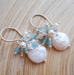 Aquamarine earrings with big faceted aquamarine and silver pearls earrings