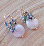 Aquamarine earrings with big faceted aquamarine and silver pearls earrings