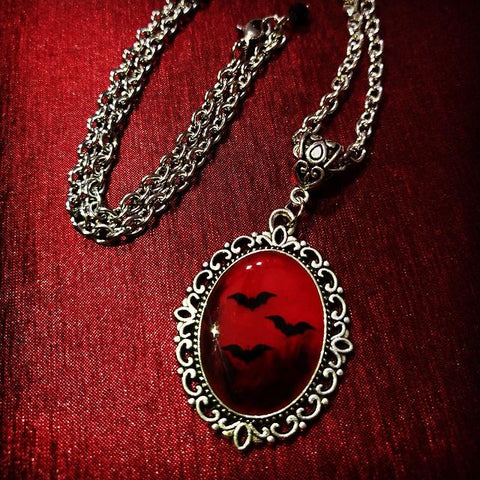 Blood and Bat Dracula Inspired Resin Necklace Pendant, Black Bat and Witch Necklace,Witchcraft Necklace