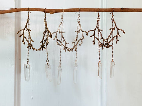 Branch Earrings - Clear Quartz Point + Branch | Antique Copper, Bronze, or Silver Plated