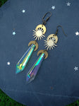 Celestial  Long Earrings, Ab Crystal Earrings, Crescent Moon Earrings, Sun and Moon Earrings Raw and Antique gold  Earrings
