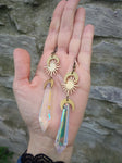 Celestial  Long Earrings, Ab Crystal Earrings, Crescent Moon Earrings, Sun and Moon Earrings Raw and Antique gold  Earrings
