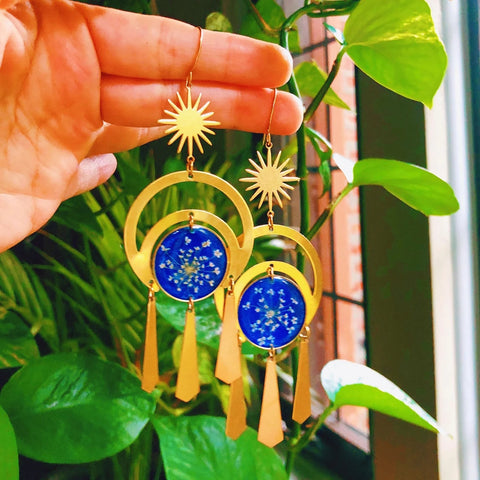 Dried Flower Handmade Resin Earrings,Sapphire Hollow Large Eclipse