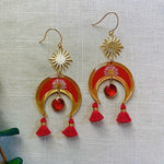 Dried Flower Handmade Resin Earrings, White Daisy in Red Crescent with Red Tassels and Quartz