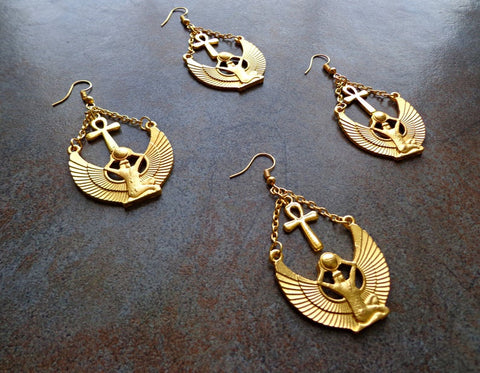Goddess Isis Earrings, Ancient Egyptian Jewelry, Ankh Hieroglyphs