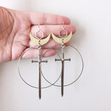 Gothic Golden Moon Excalibur Earrings Ring Sword Classic Eardrop Big Sword Punk Statement Mystical Goth Jewellery Women Gift