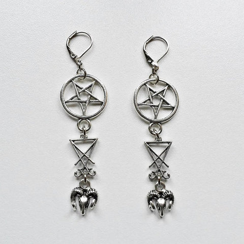 Gothic Inverted Pentagram Sigil of Lucifer Ram Goat Head Earrings Silver Colour Drop Set Halloween Rock Statement Jewelry Women