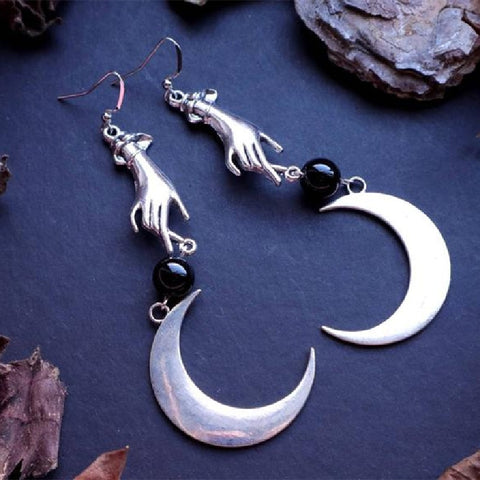 Hand &amp; Moon Stone Gothic Earrings Big Vikings Witchy Medieval Boho Creativity Punk Jewellery Women Fashion Gift