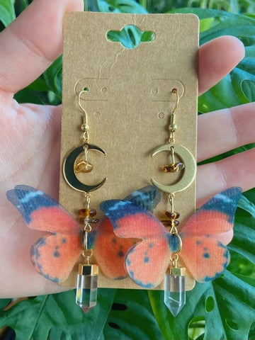 Handmade Boho monarch butterfly earrings Moon Clear QUARTZ EARRINGS Forest Woodland Jewelry