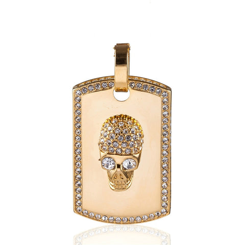 Viking Magic~Hop Iced Out Bling Skeleton Skull Pendant Necklaces Gold Color Titanium Stainless Steel Dog Tag Necklace for Men Jewelry HE162