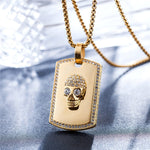 Viking Magic~Hop Iced Out Bling Skeleton Skull Pendant Necklaces Gold Color Titanium Stainless Steel Dog Tag Necklace for Men Jewelry HE162