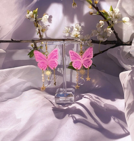 Hot Pink Monarch Butterfly Earrings with Moon -Butterfly Jewelry, Monarch Jewelry, Gifts for Her