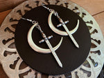 Moon & Dagger Earrings - Silver Plated /bronze Crescent Moon + Sword Dangle Earrings