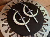 Moon & Dagger Earrings - Silver Plated /bronze Crescent Moon + Sword Dangle Earrings
