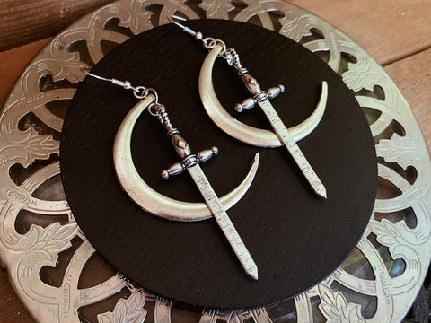 Moon & Dagger Earrings - Silver Plated /bronze Crescent Moon + Sword Dangle Earrings