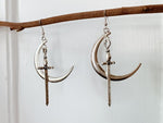 Moon & Dagger Earrings - Silver Plated /bronze Crescent Moon + Sword Dangle Earrings