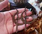 Moon & Dagger Earrings - Silver Plated /bronze Crescent Moon + Sword Dangle Earrings